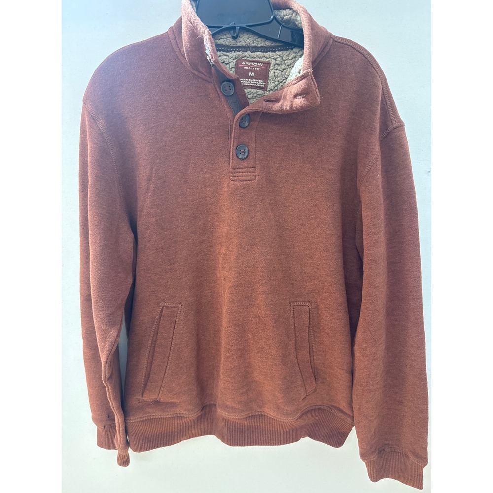 Arrow USA 1851 Mens Rust Orange Sherpa Lined Quarter Button Fleece Pullover M